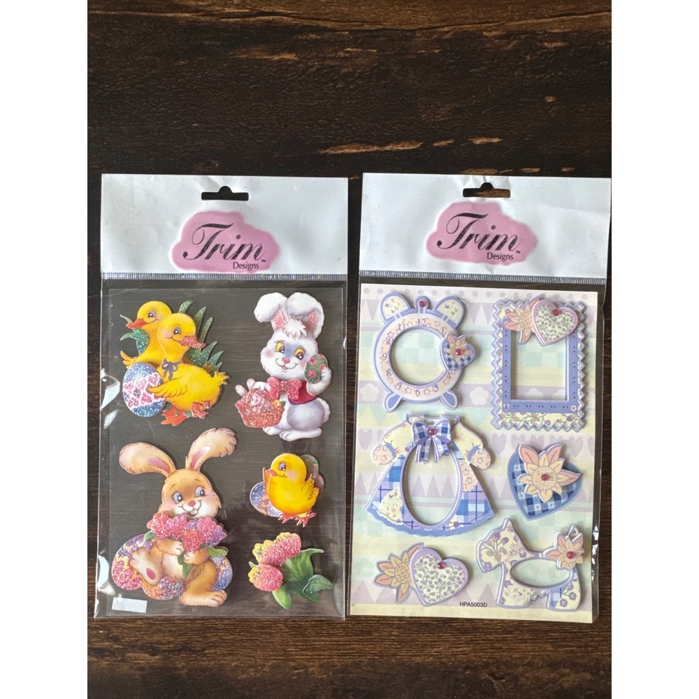 Trim Designs 3D Puffy Stickers Easter Bunny Chick Cottagecore Frames Lot of 2